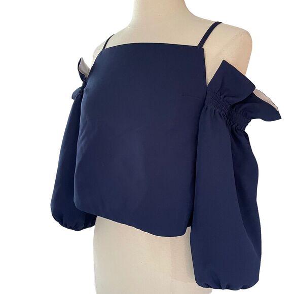 Style Mafia Maeve Sz S Womens Top Cropped Midnight Navy Open Shoulder Ruffled - Picture 2 of 9